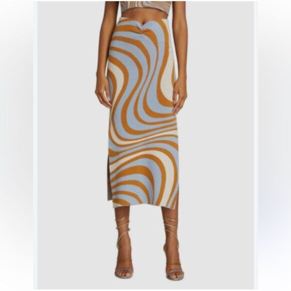 RHODE Ettie Floral Knit Midi Skirt Blue Brown Maxi Pencil Skirt Slit NWT L - Picture 2 of 12